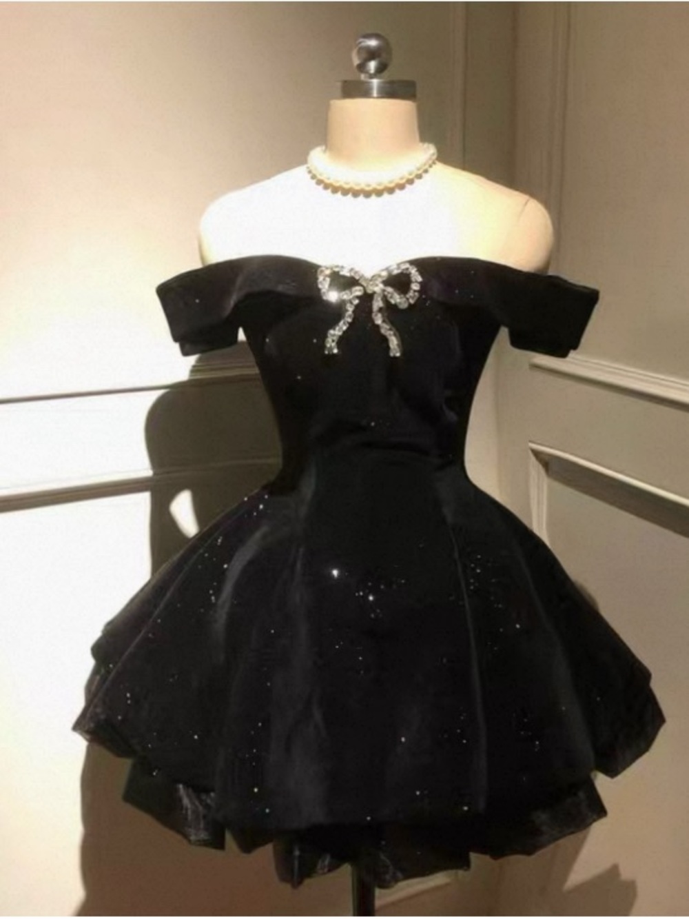 Off-Shoulder Black Mini Dress with Rhinestone Bow